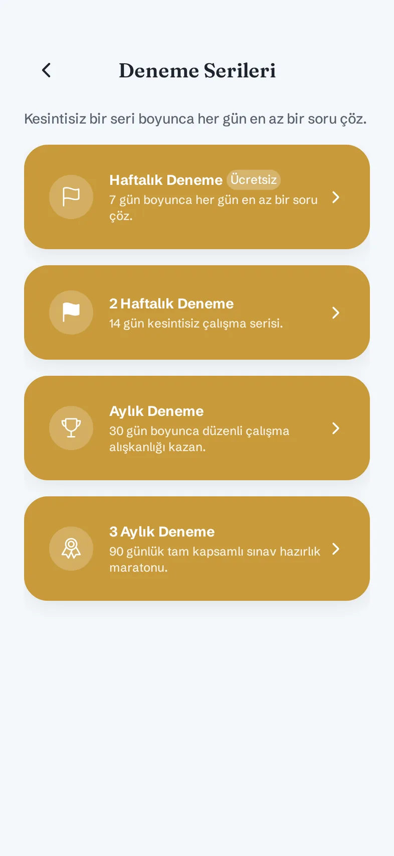 Deneme serileri ekranı: haftalık, iki haftalık, aylık ve üç aylık seriler